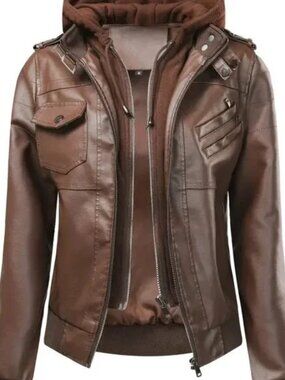 Hooded Coffee Motorcycle Biker Style Jacket